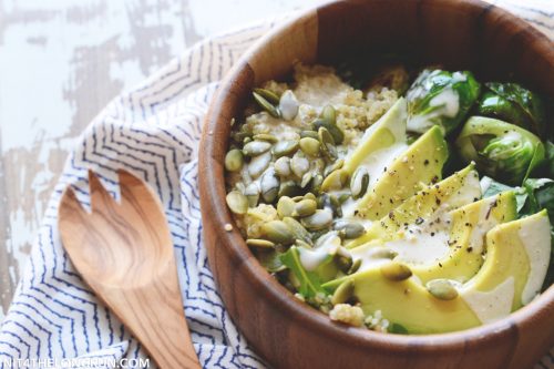 Avocado Quinoa Harvest Bowl from In it for the Long Run | vegan lunch ideas for meetings