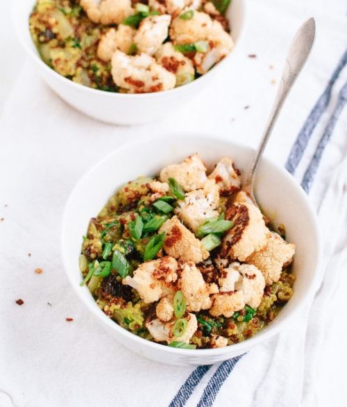 Curried Coconut Quinoa and Greens with Roasted Cauliflower from Cookie + Kate | vegan lunch ideas for meetings