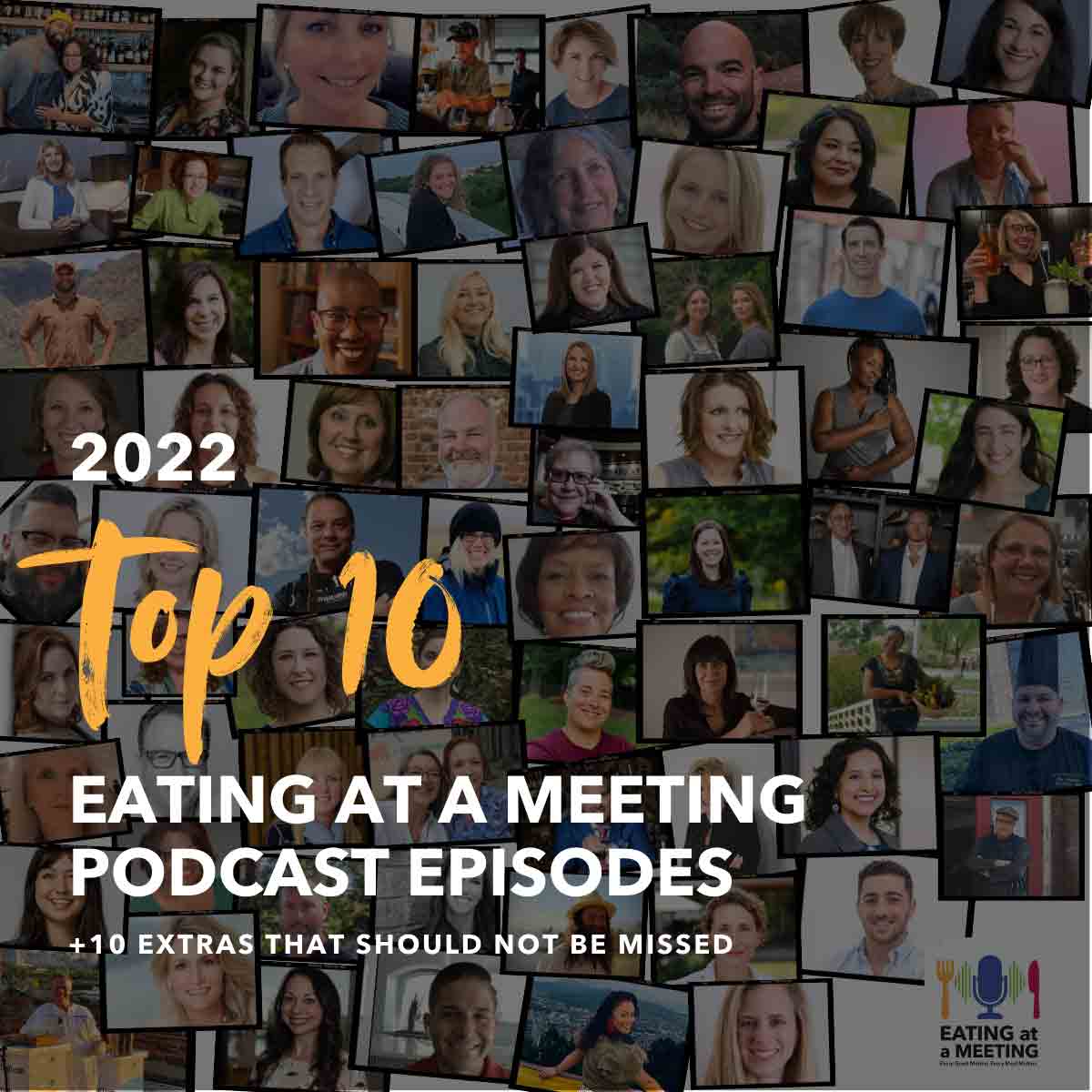 a group of 80 images of people scattered across the page. In the bottom right is the Eating at a Meeting logo. The images are of the 2022 guests of the show.