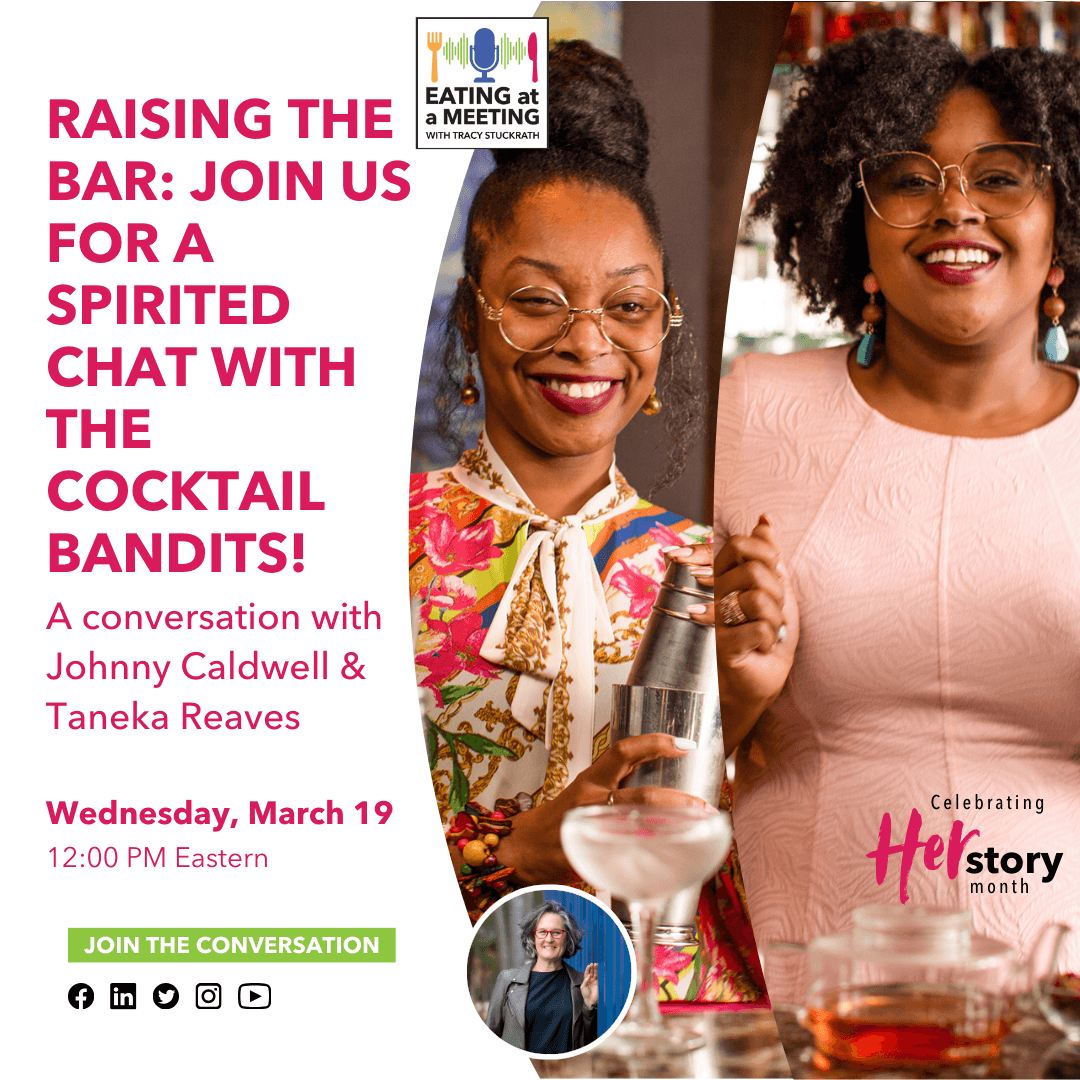 Raising the Bar: Join Us for a Spirited conversation with the Cocktail Bandits! To the right of the text are two combined photos of smiling women with black curly hair making cocktails