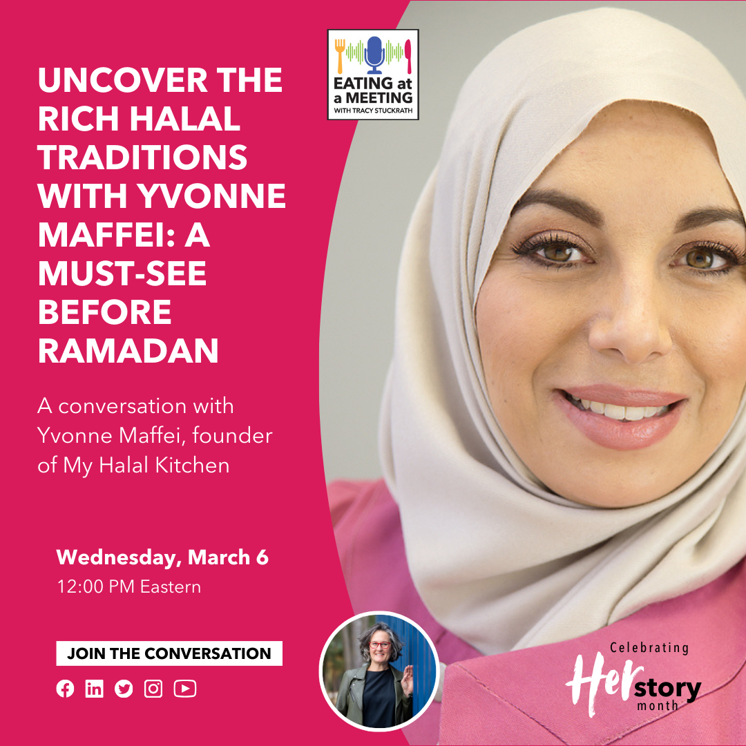 A woman wearing a cream colored Hijab and pink jacket. To the left of her are the words Uncover the Rich Halal Traditions with Yvonne Maffei: A Must-See Before Ramadan, which will air on March 6.