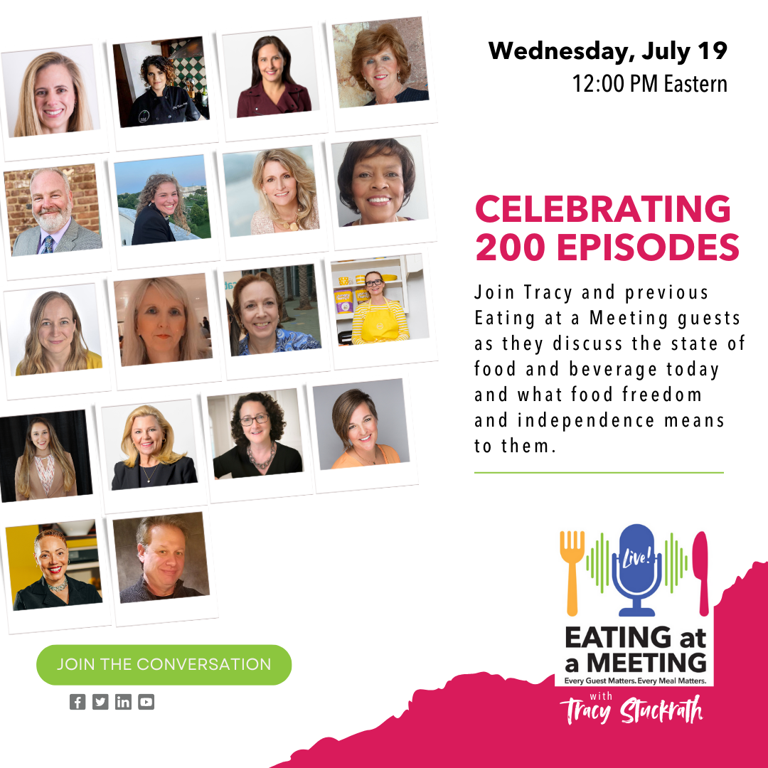 18 images of people on the left sharing that they will be guests on the 200th episode of the Eating at a Meeting podcast