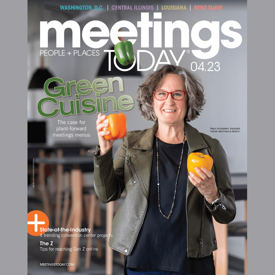 Meetings today magazine cover with Tracy Stuckrath on the front juggling bell peppers
