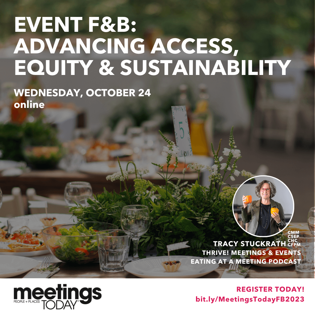 Event F&B: Advancing Access, Equity & Sustainability words over the picture of a dining table set for an event
