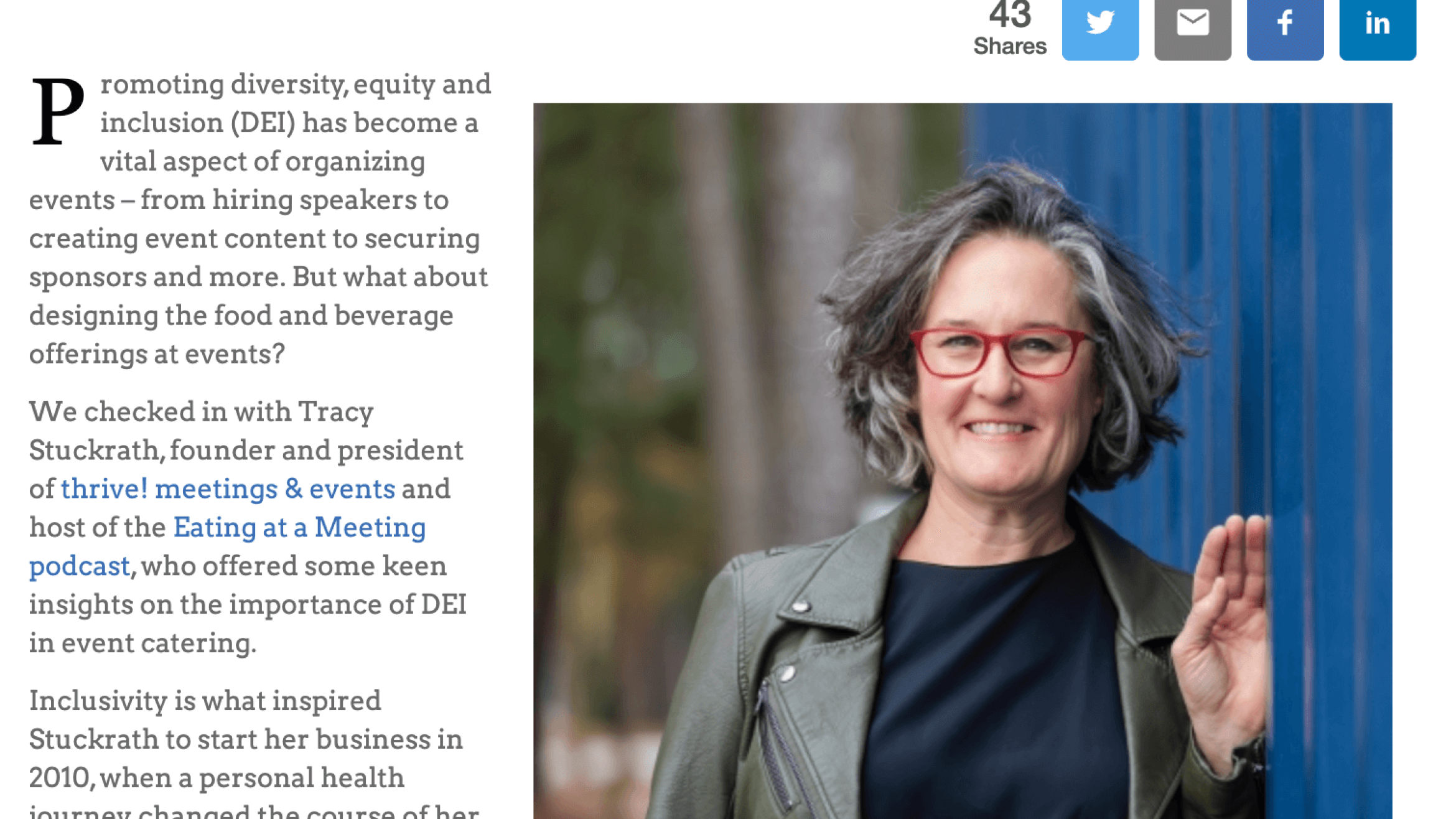 Clip of an online article titled Taste Trends: 3 Ways to Foster DEI through F&B Experiences at Events by Lori Tenny. Picture of Tracy Stuckrath leaning on a blue wall to the right of the article text.