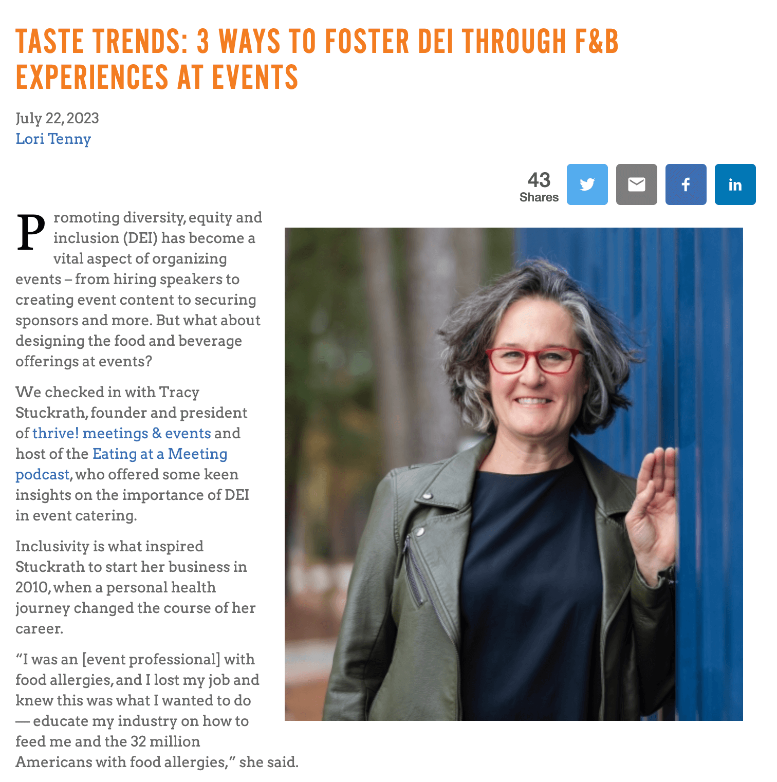 Clip of an online article titled Taste Trends: 3 Ways to Foster DEI through F&B Experiences at Events by Lori Tenny. Picture of Tracy Stuckrath leaning on a blue wall to the right of the article text.