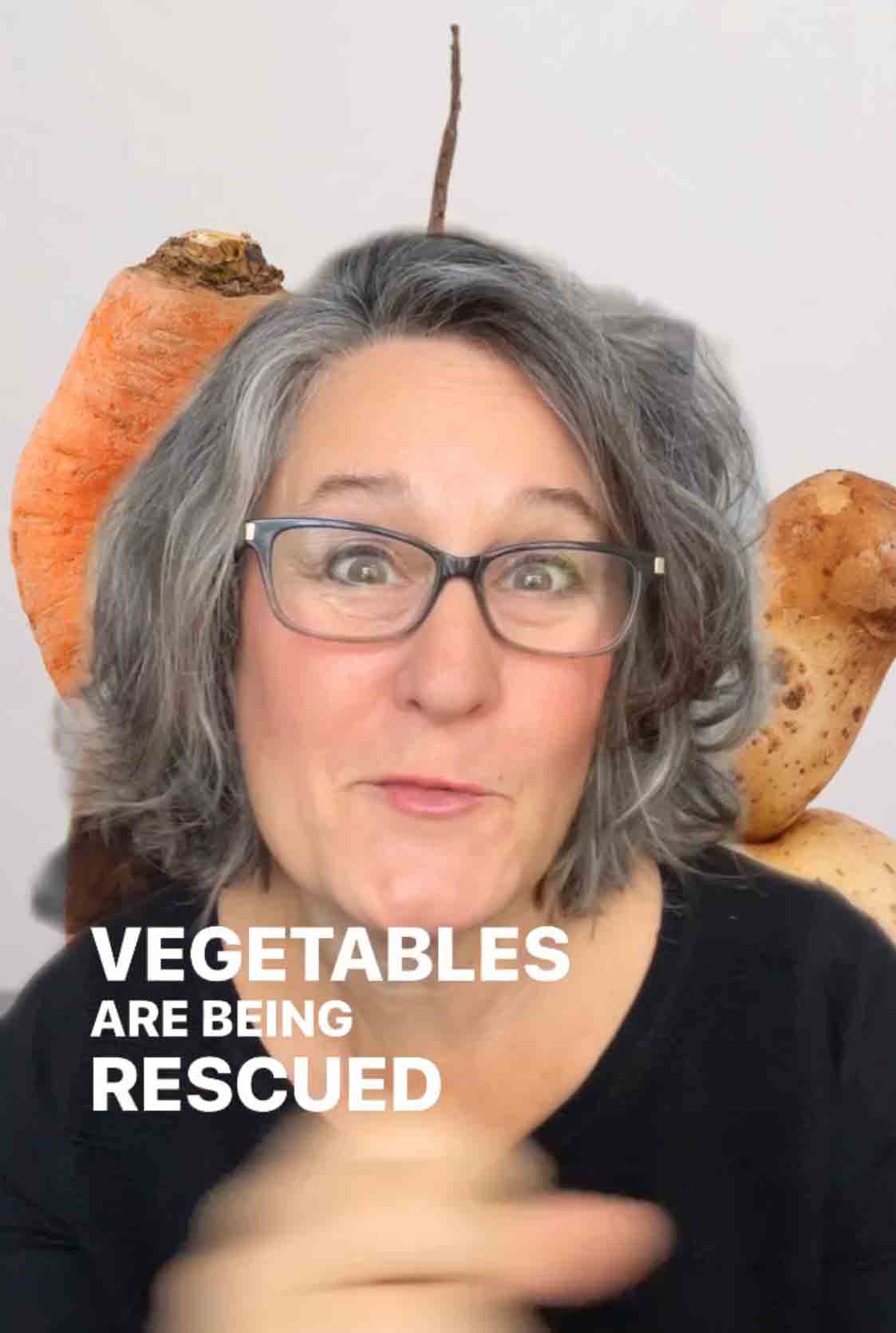 close up of woman in black shirt the words vegetables are being rescued overlayed on her image