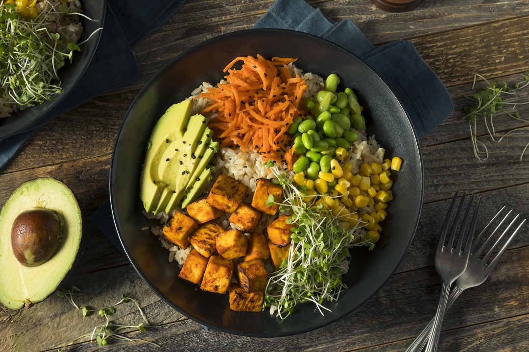 Healthy Organic Tofu and Rice Buddha Bowl with Veggies