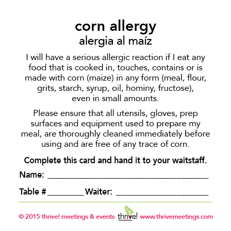 Corn Allergy Meal Tickets