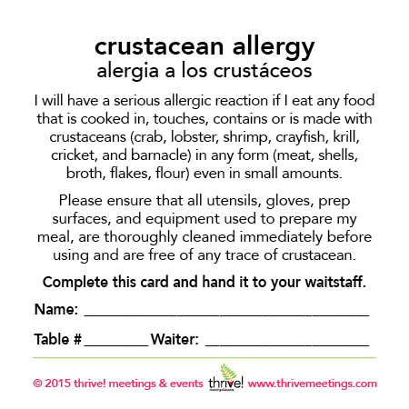 Crustacean Allergy Meal Cards