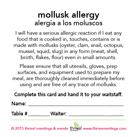 Mollusk Allergy Meal Cards