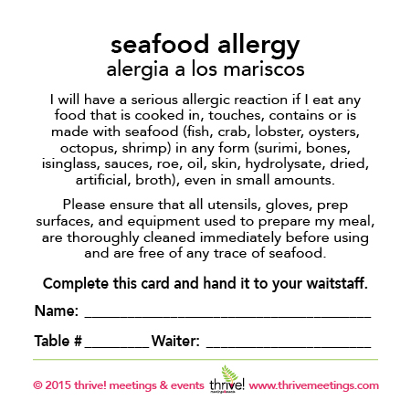 Seafood Allergy Meal Cards