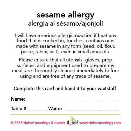 Sesame Allergy Meal Cards