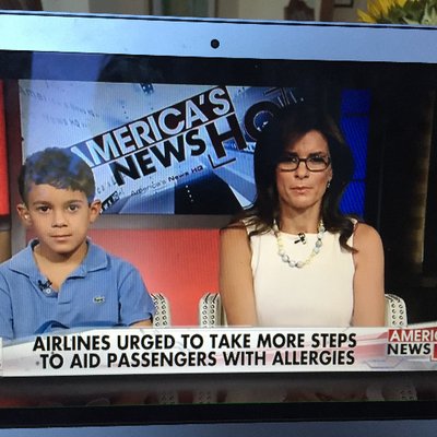 Lianne and her son on TV urging airline companies to take more steps to aid passengers with allergies