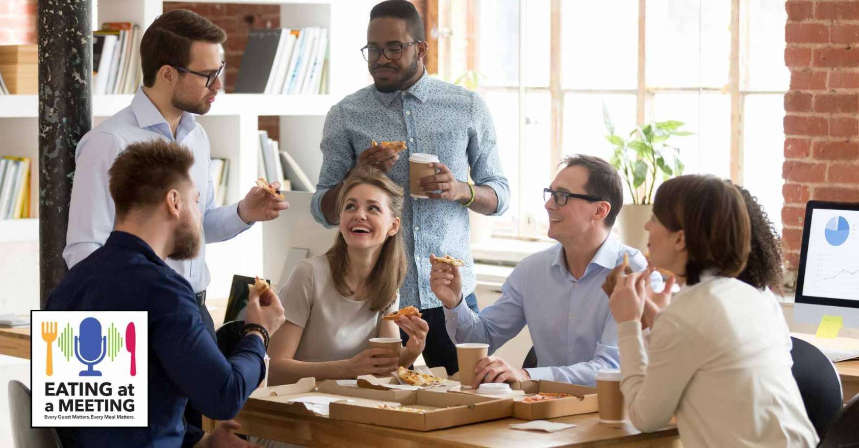 Multiracial work team eating pizza together on break Eating at a Meeting Podcast