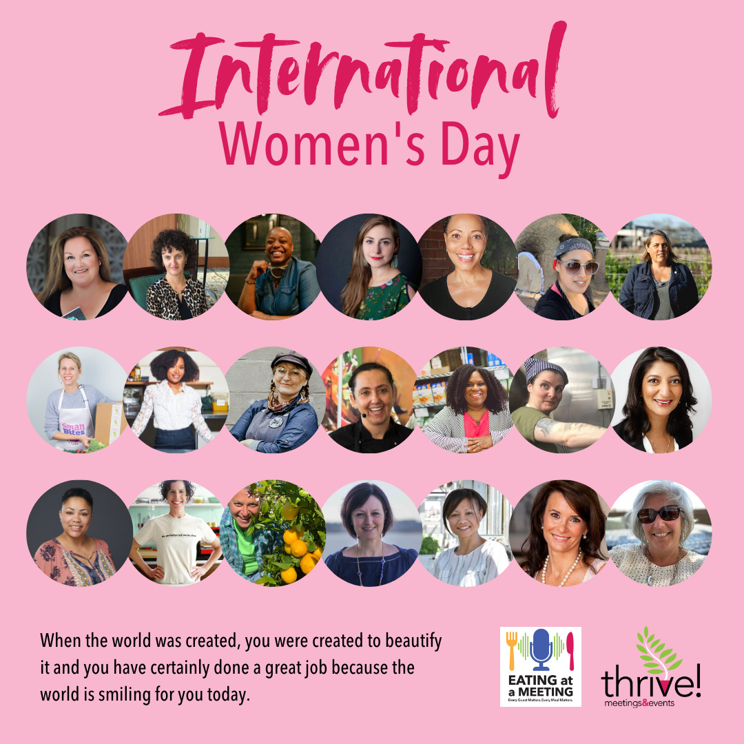 Pink background with circles of pictures of women celebrating International Women's Day