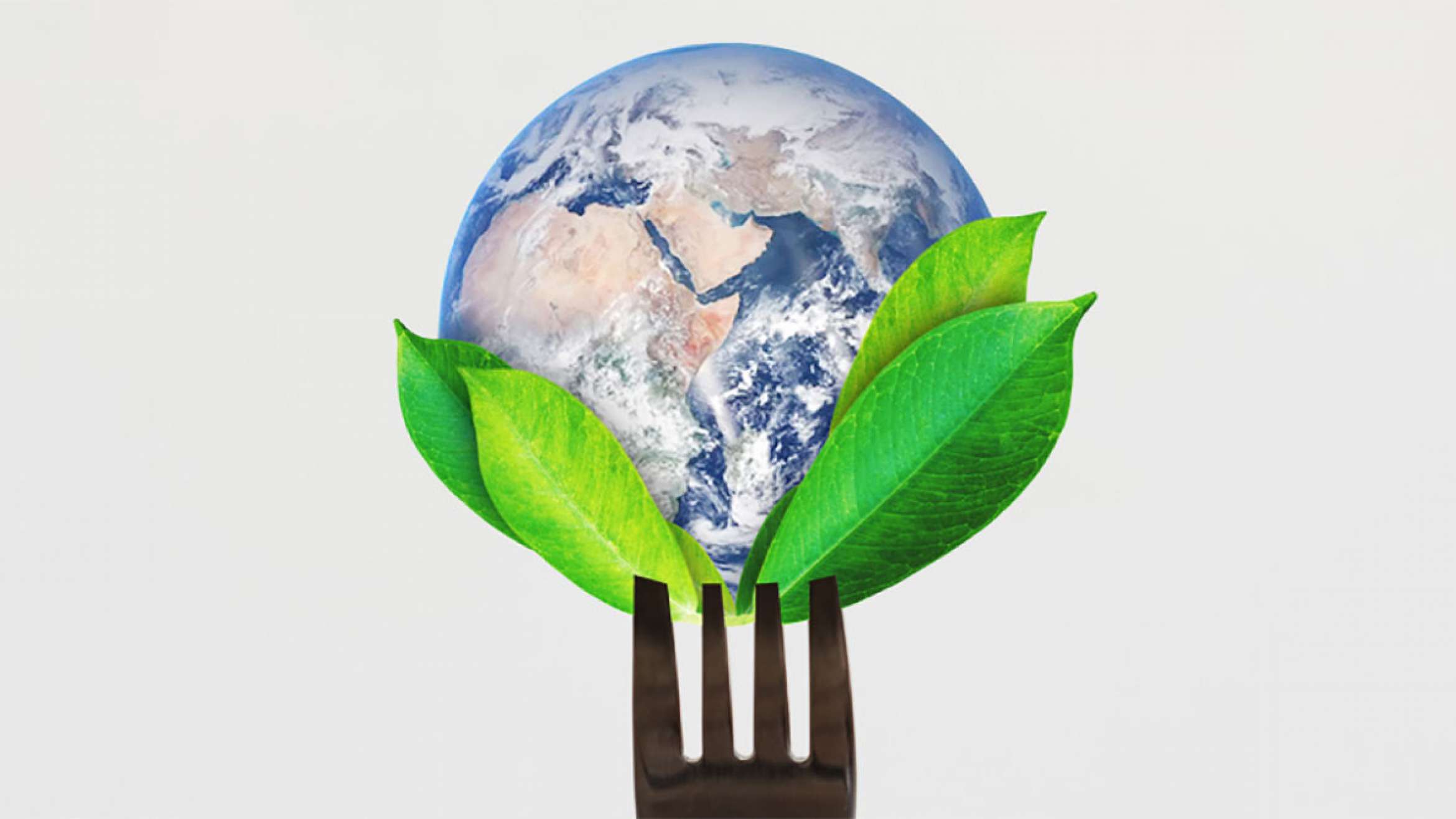 Globe on the tines of a fork with some green leaves Earth Day 2021