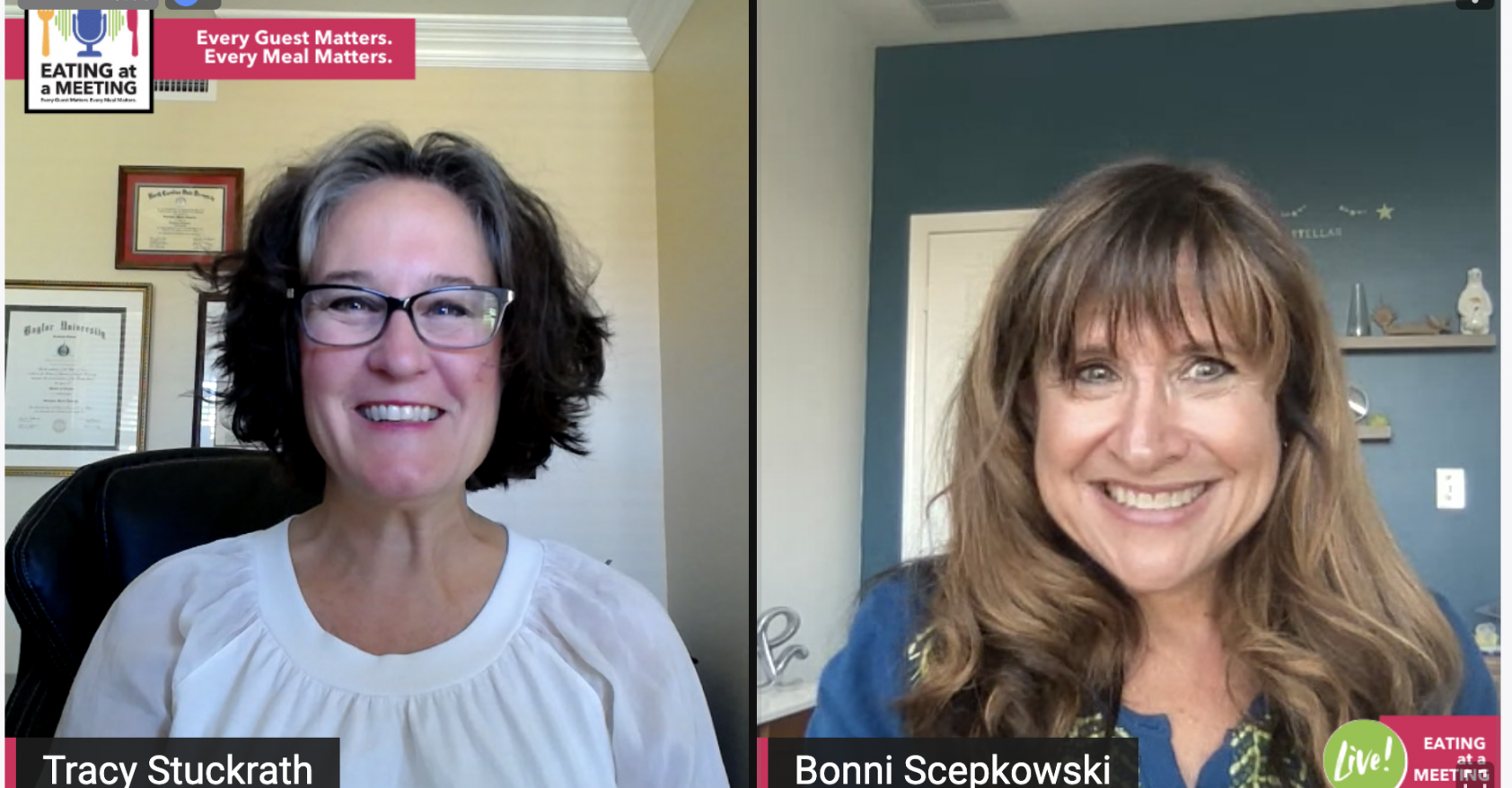 Two smiling women who are posing for a picture during the Eating at a Meeting LIVE podcast. Their photos are side by side. Bonni Scepkowski is with Stellar Meetings. Tracy Stuckrath, on the left hosts the podcast