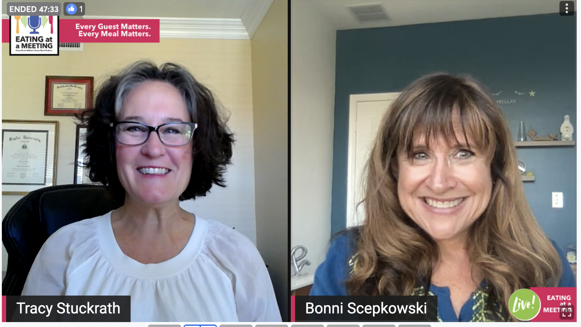 Two smiling women who are posing for a picture during the Eating at a Meeting LIVE podcast. Their photos are side by side. Bonni Scepkowski is with Stellar Meetings. Tracy Stuckrath, on the left hosts the podcast