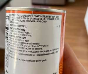 The ingredient side of a can of soup to be used in a stew recipe