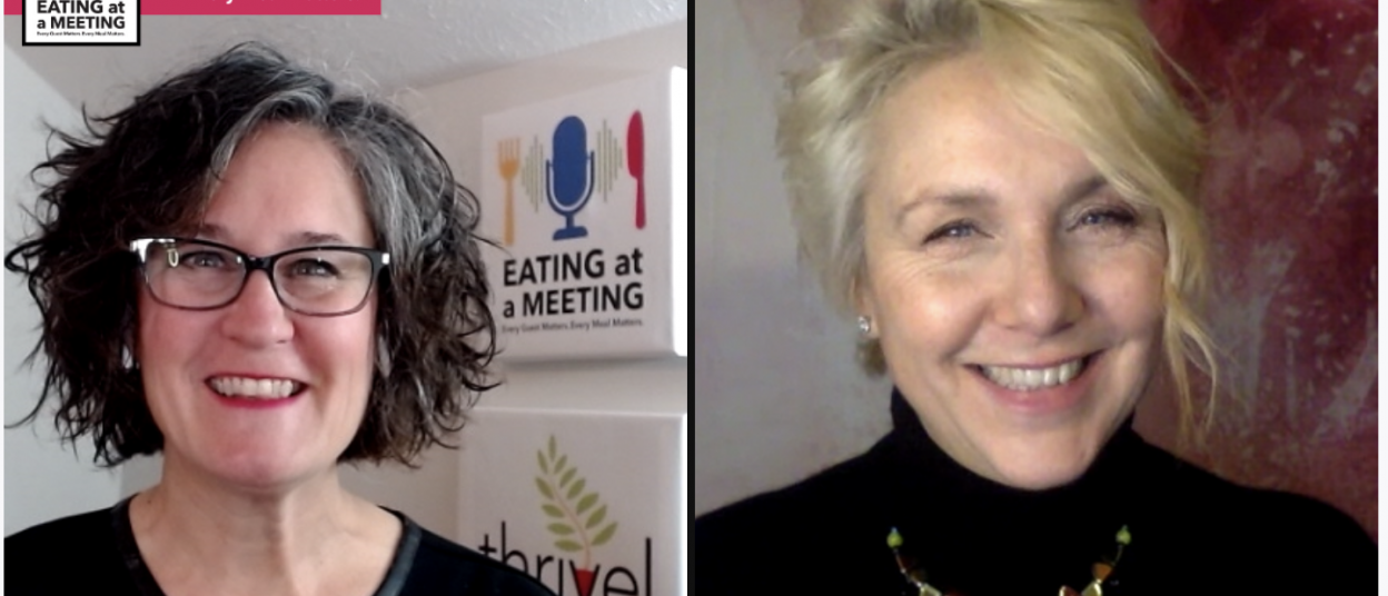 Two smiling women who are posing for a picture during the Eating at a Meeting LIVE podcast. Their photos are side by side. Chantal Cooke is founder of PASSION for the PLANET.. Tracy Stuckrath, on the left hosts the podcast