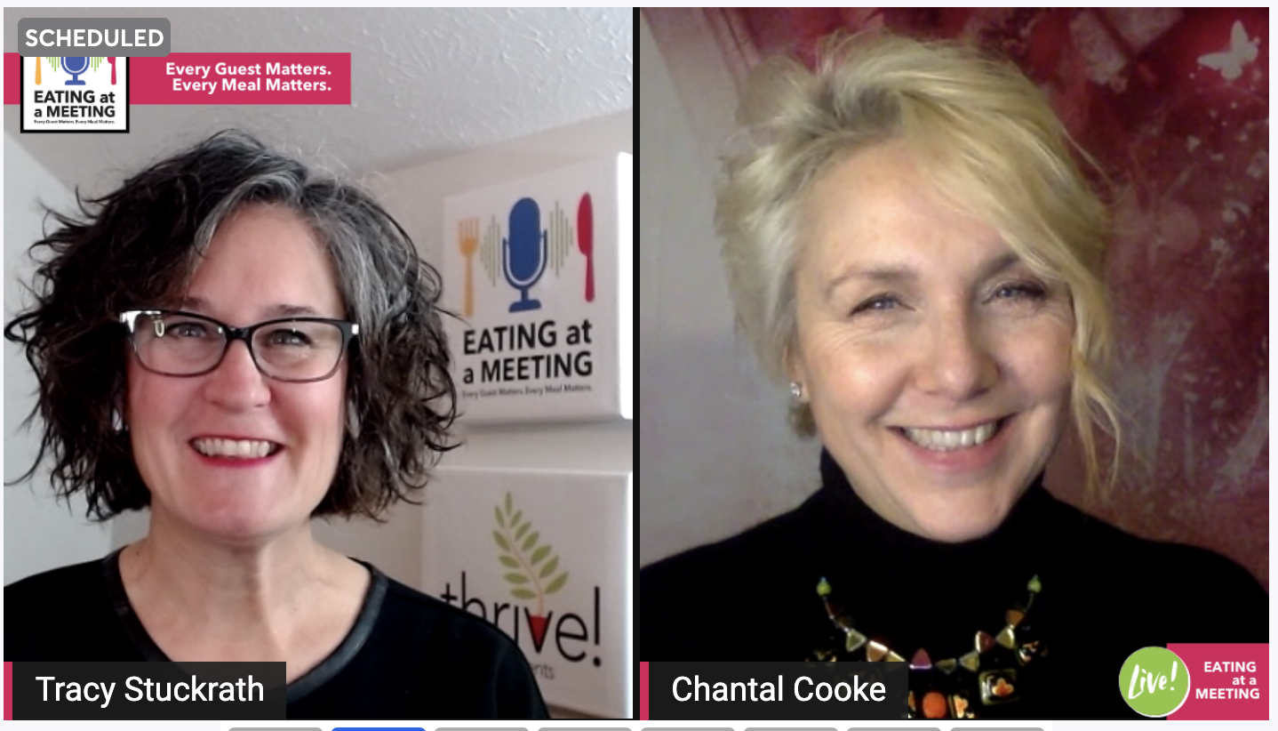 Two smiling women who are posing for a picture during the Eating at a Meeting LIVE podcast. Their photos are side by side. Chantal Cooke is founder of PASSION for the PLANET.. Tracy Stuckrath, on the left hosts the podcast
