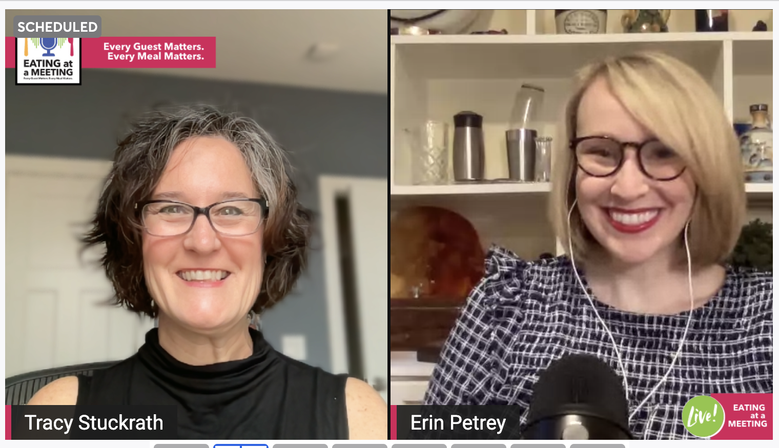 Two smiling women who are posing for a picture during the Eating at a Meeting LIVE podcast. Their photos are side by side. Erin Petrey is The Cocktail Coach who is talking about beverages.. Tracy Stuckrath, on the left hosts the podcast