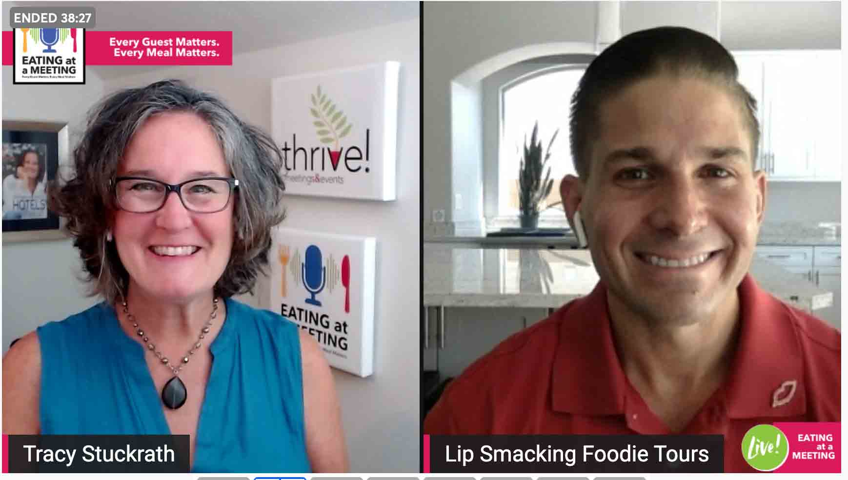 Smiling woman and man on video screen screen clip of them talking about Lip Smacking Foodie Tour