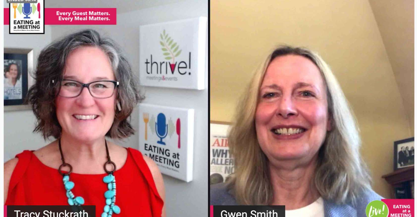 Two smiling women - Tracy Stuckrath and Gwen Smith - on video broadcast Eating at a Meeting talking about how to make the invisible visible