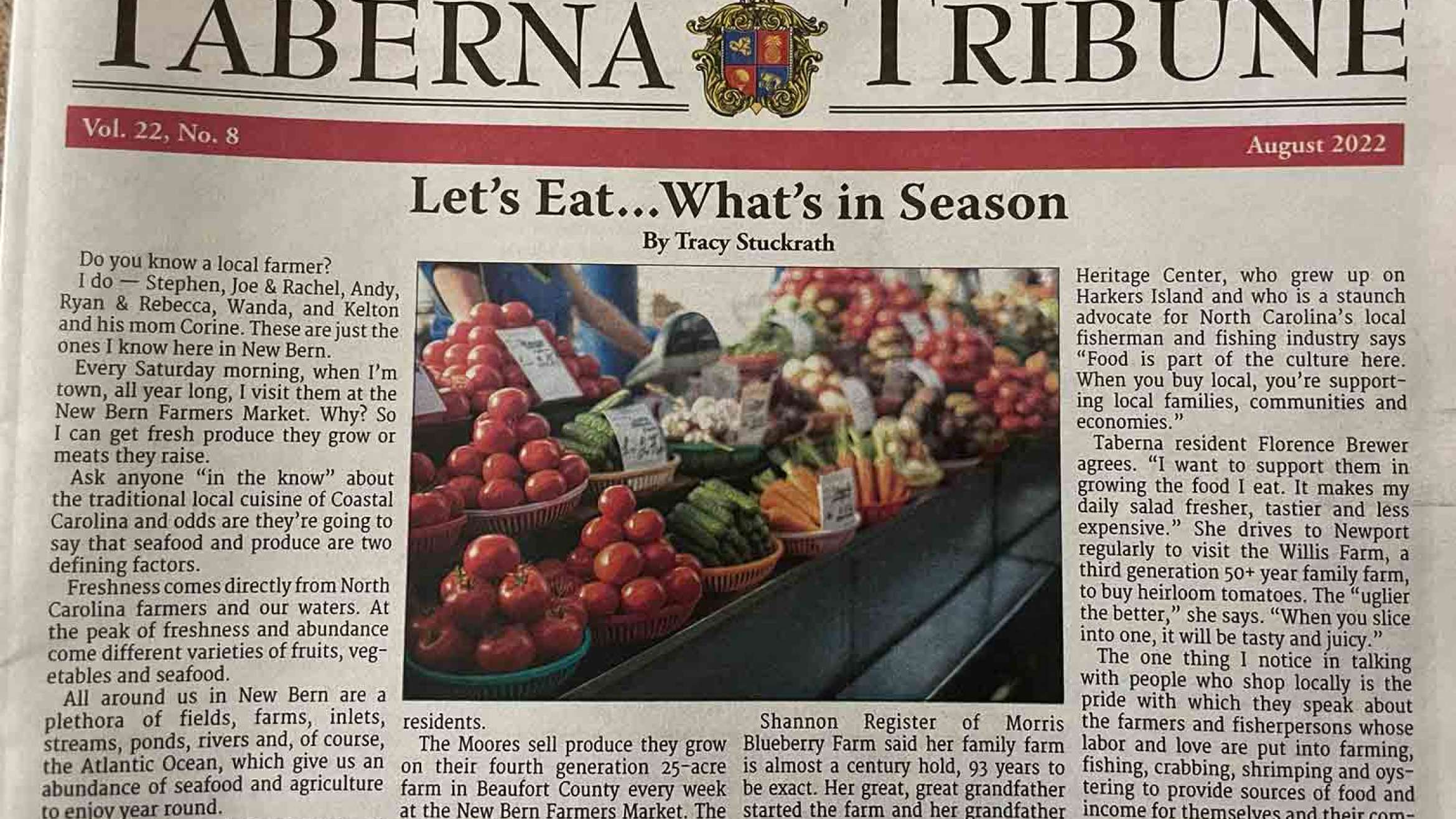 Front page of the Taberna Tribune with an article titled "Let's Eat...What's in Season" by Tracy Stuckrath