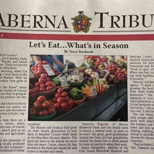 Front page of the Taberna Tribune with an article titled "Let's Eat...What's in Season" by Tracy Stuckrath