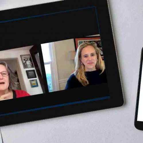 An iPad and iPhone on a table. On the iPad is a picture of two men who are on video screen. On the iPhone is the Eating at a Meeting podcast logo with Episode #163 The White House Conference on Hunger, Nutrition, and Health with Erin Malawer of Allergy Strong