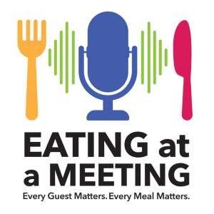 Yellow fork icon to left of blue microphone. Red knife on the right. Eating at a Meeting written below them.
