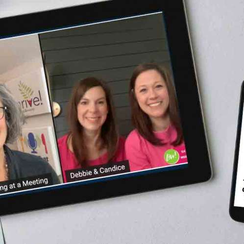 An iPad and iPhone on a table. On the iPad is a picture of three women who are on video screen. On the iPhone is the Eating at a Meeting podcast logo with Episode #165 Living With an Allergy to Meat with Two Alpha Gals.