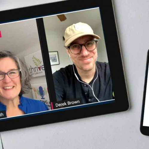 An iPad and iPhone on a table. On the iPad is a picture of a woman and a man who are on video screen. On the iPhone is the Eating at a Meeting podcast logo with Episode #177 Mindful Mixology with Derek Brown.