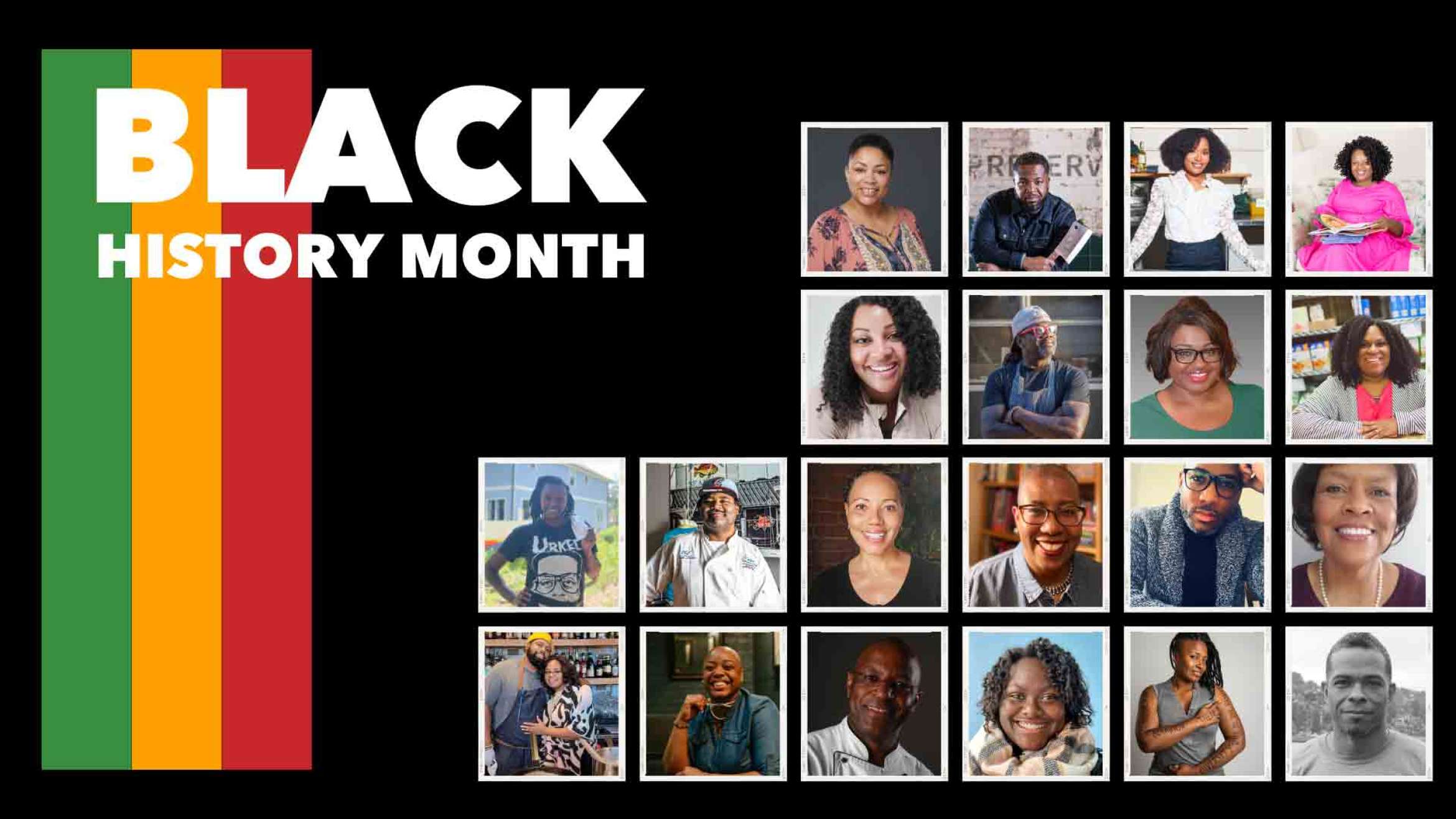 black background with green, yellow and red stripes down the left. Black History Month in white letters is written on top of them. There are 20 square images of black people on the right