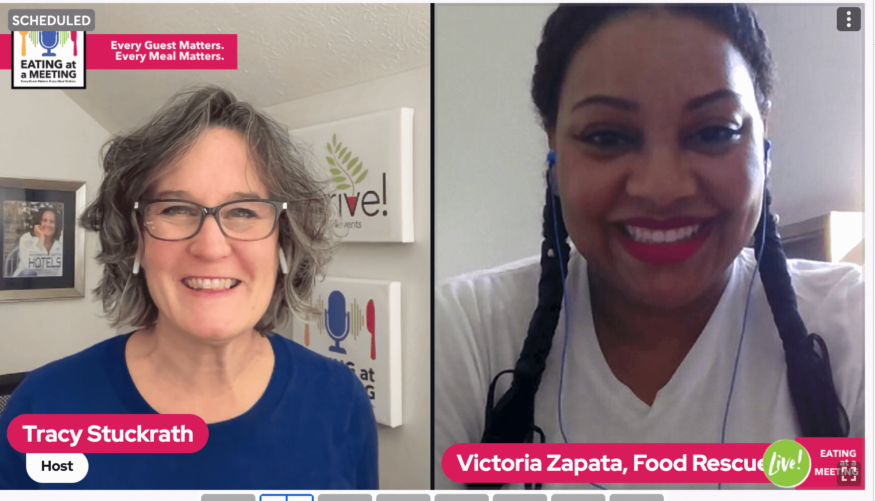 An iPad and iPhone on a table. On the iPad is a picture of two women who are on video screen. On the iPhone is the Eating at a Meeting podcast logo with Episode #184 How to be the Rescue with Victoria Zapata.