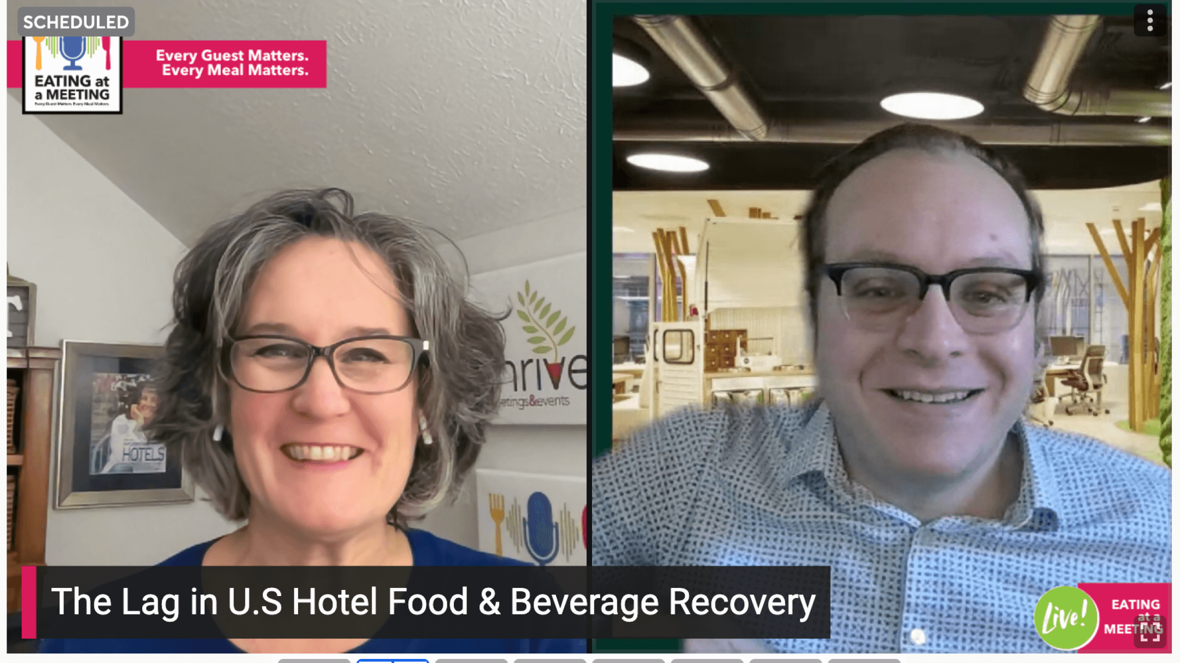 An iPad and iPhone on a table. On the iPad is a picture of a woman and a man who are on video screen. On the iPhone is the Eating at a Meeting podcast logo with Episode #183 The Lag in Hotel Food and Beverage Recovery with Andrew Hartley.