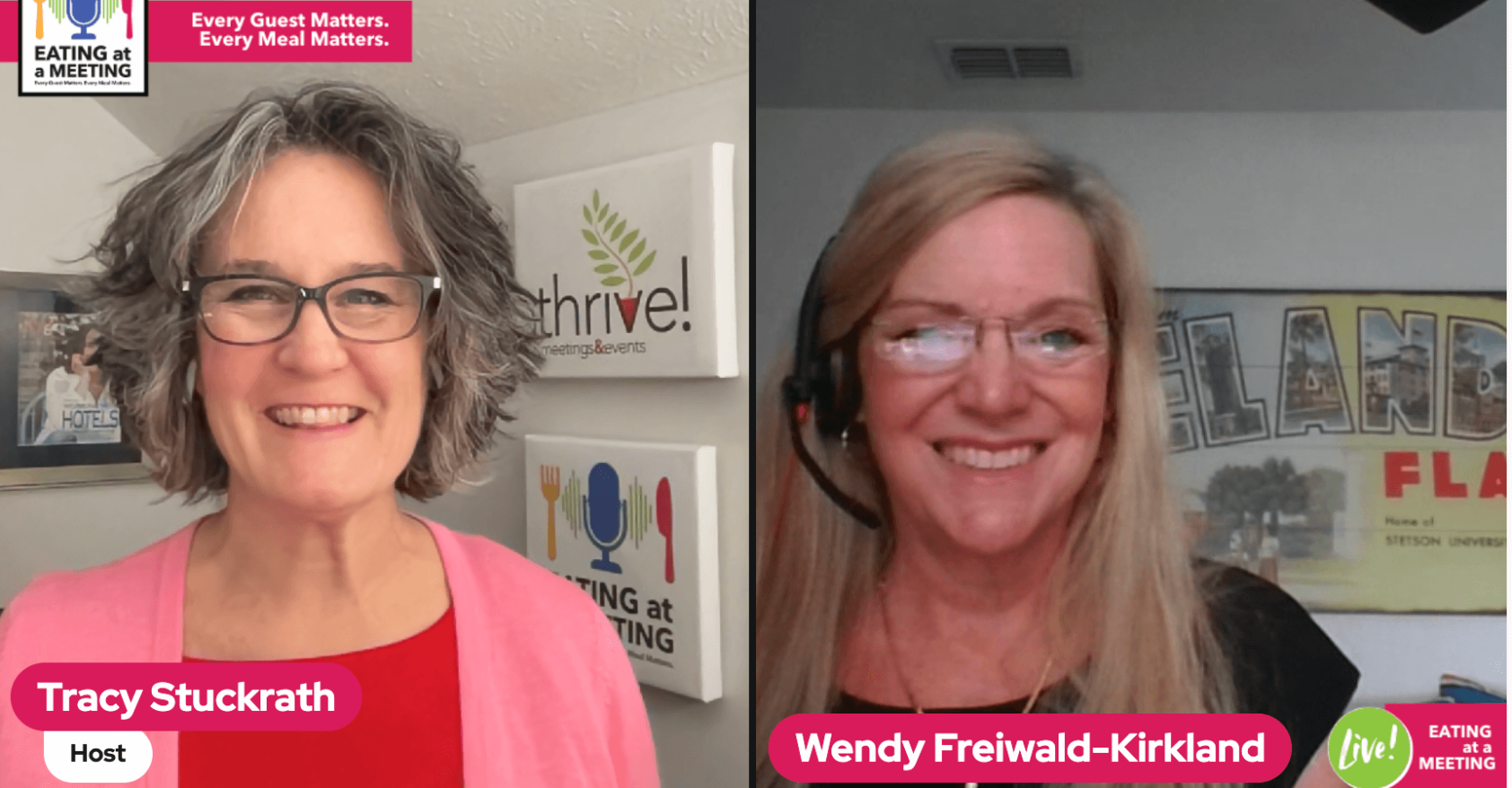 An iPad and iPhone on a table. On the iPad is a picture of a woman and a man who are on video screen. On the iPhone is the Eating at a Meeting podcast logo with Episode #185 Heart Health with Wendy Freiwald-Kirkland, CEM