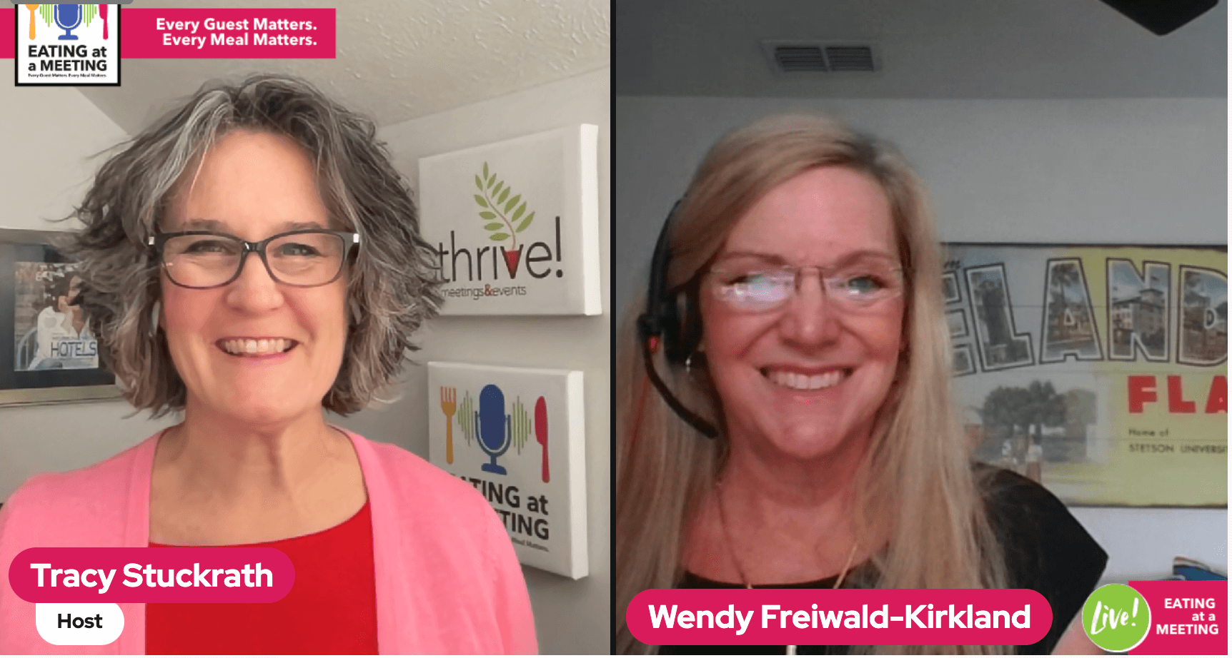An iPad and iPhone on a table. On the iPad is a picture of a woman and a man who are on video screen. On the iPhone is the Eating at a Meeting podcast logo with Episode #185 Heart Health with Wendy Freiwald-Kirkland, CEM