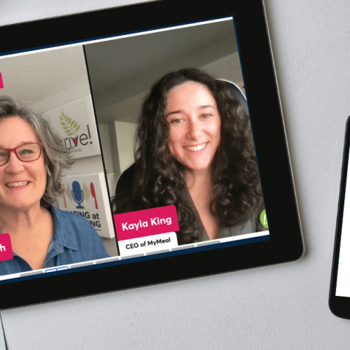 An iPad and iPhone on a table. On the iPad is a picture of a woman and a man who are on video screen. On the iPhone is the Eating at a Meeting podcast logo with Episode #188 Using her Diagnosis to Help Others Eat Out Safely with Kayla King of MyMeal.