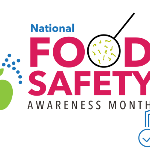 A water faucet icon with water over an apple. National Food Safety Awareness Month to the write. In the bottom right corne is a emblem with a fork and knife.