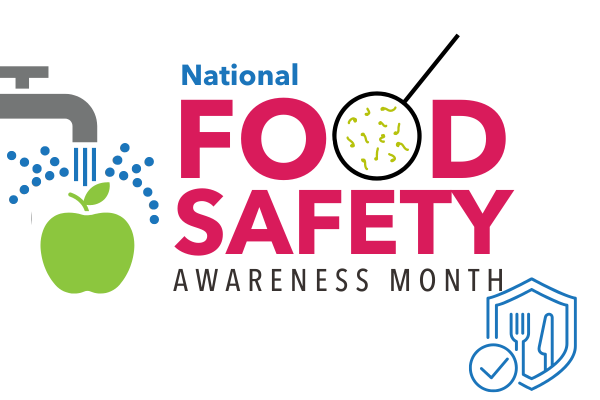 A water faucet icon with water over an apple. National Food Safety Awareness Month to the write. In the bottom right corne is a emblem with a fork and knife.
