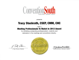Convention South Certificate Tracy Stuckrath Meeting Professional to Watch 2012 Award
