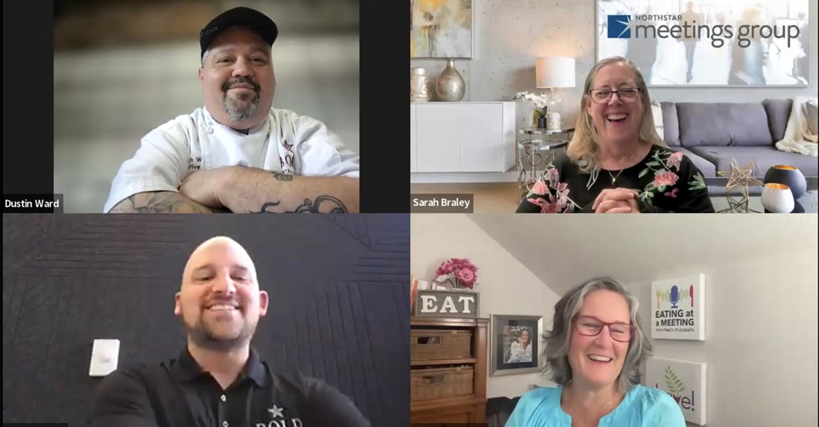 Four images of smiling people on a Zoom call