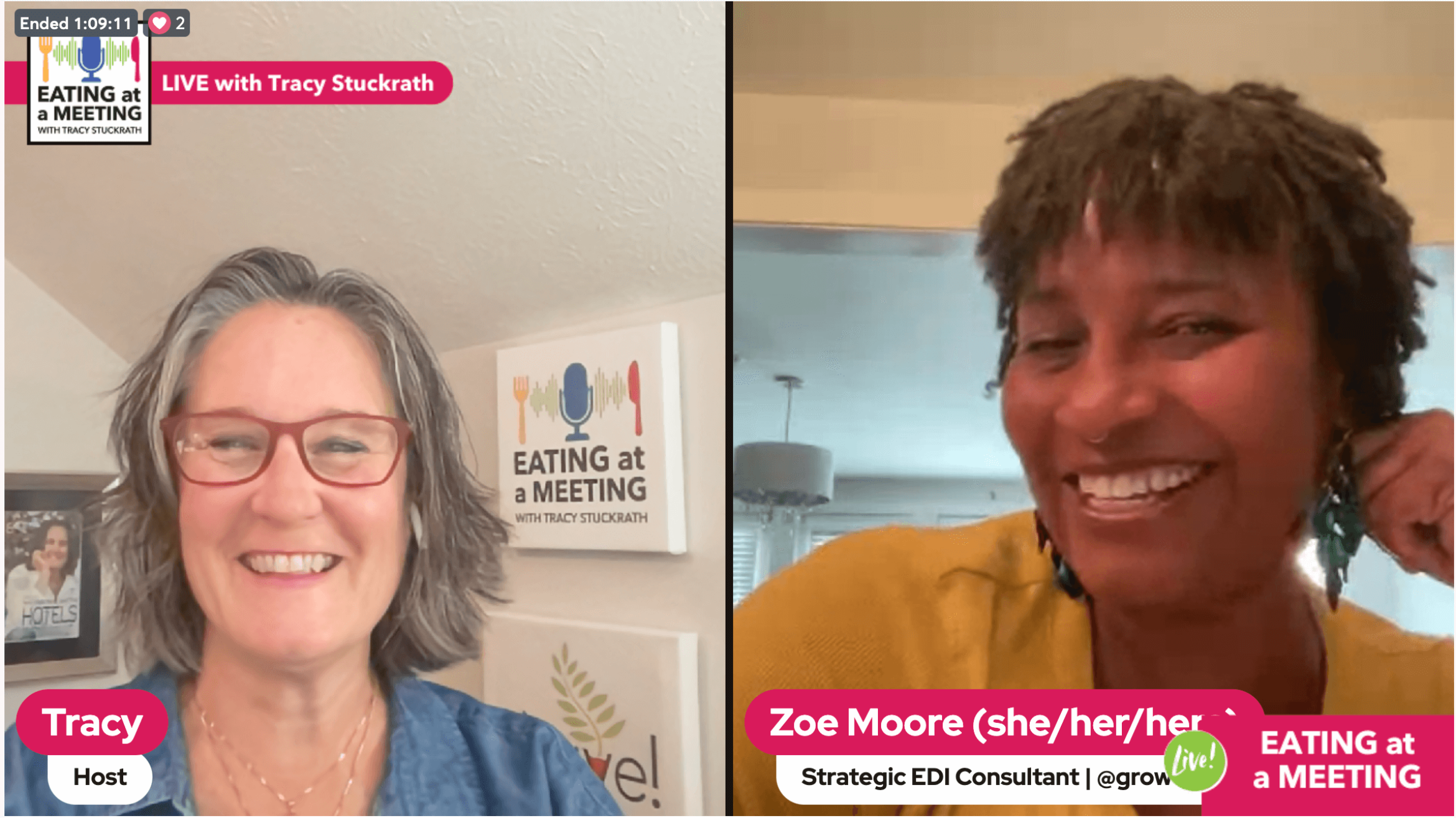 Two smiling women on screen. In the upper right corner is the Eating at a Meeting logo. Their names are Tracy Stuckrath, host of EAAM and Zoe Moore, Strategic EDI Consultant | @grow, Inclusive Food & Beverage