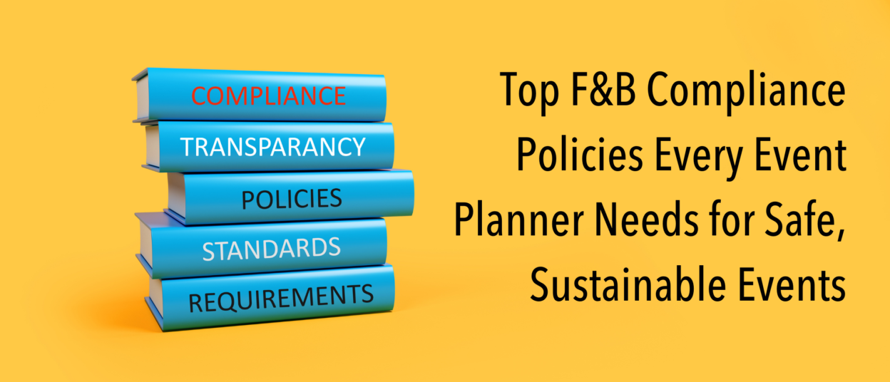 Blue books listed under compliance on blue background. Top food and beverage compliance policies event event planner needs for safe, sustainable events