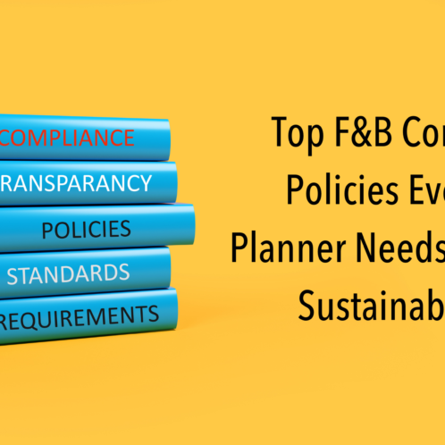 Blue books listed under compliance on blue background. Top food and beverage compliance policies event event planner needs for safe, sustainable events