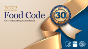 Blue and gold graphic with 2022 Food Code Event Food Safety