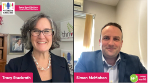 Split-screen podcast image featuring Tracy Stuckrath on the left and Simon McMahon on the right during an “Eating at a Meeting Live” interview, with show branding and the tagline “Every Guest Matters. Every Meal Matters.” visible on screen.